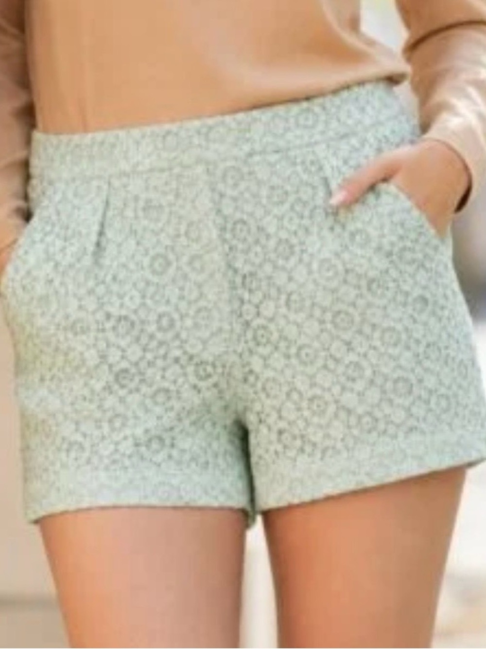 Victoria Beckham Mint Green Lace High-Waist Shorts - Picture 2 of 8